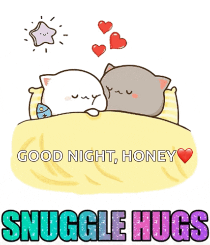 a couple of cats laying on a bed with the words good night honey snuggle hugs above them