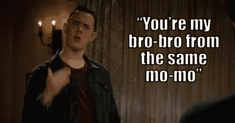 a man is giving a thumbs up and saying `` you 're my bro-bro from the same mo-mo ''