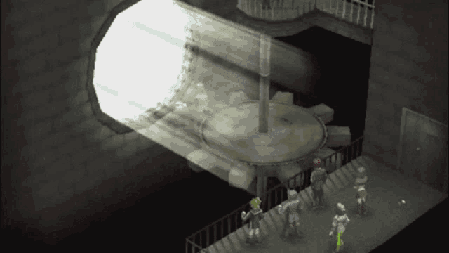 a group of people in a video game standing around a circular object