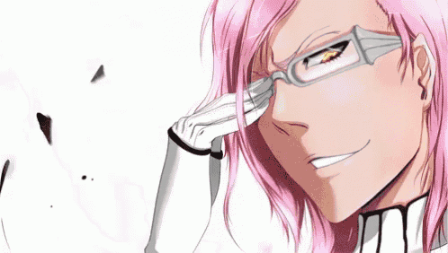 a pink haired anime character wearing glasses
