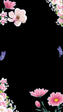 a woman surrounded by pink flowers and butterflies on a black background