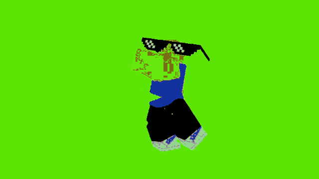 a cartoon character wearing sunglasses and a blue shirt on a green background