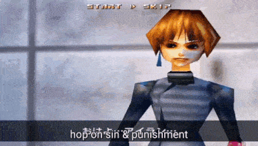 a video game character with the words hop on sin & punishment on the bottom