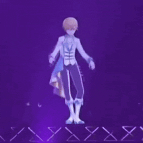 a cartoon character is dancing on a purple background .