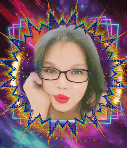 a woman wearing glasses and red lipstick is surrounded by a colorful background