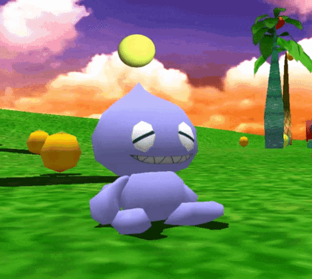 a cartoon character is sitting in a grassy field with a yellow ball in the background