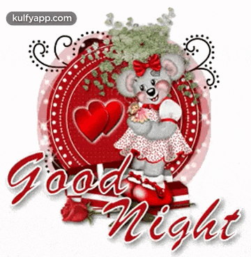 a teddy bear is holding a heart and the words good night are on the bottom
