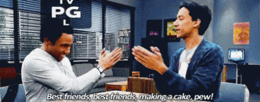 two men clapping in a living room with the words best friends best friends making a cake pew on the bottom