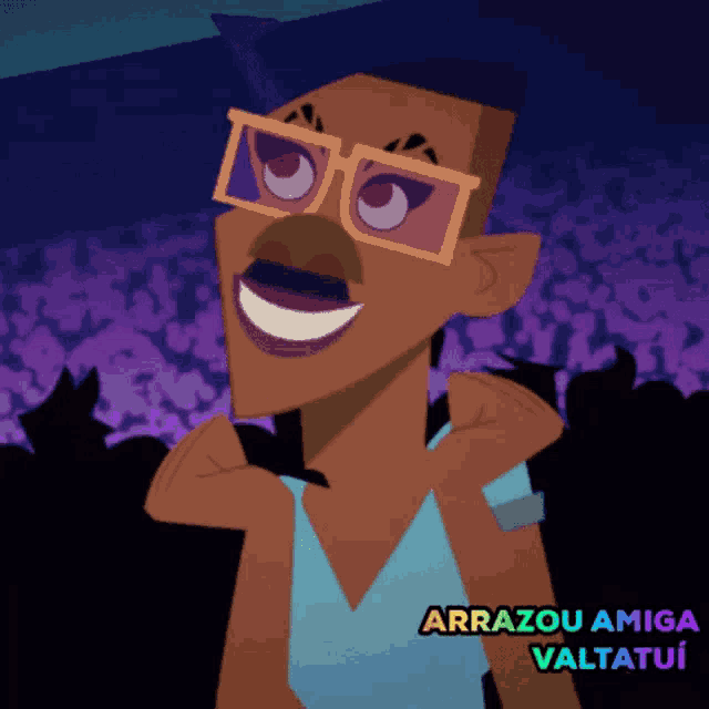 a cartoon character with glasses and the words arrazou amiga valtatui