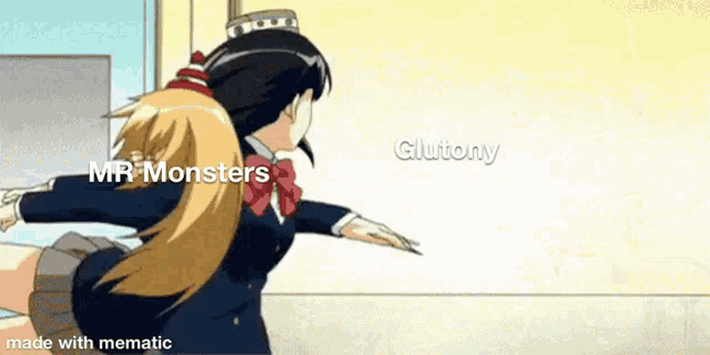 a girl in a school uniform is running towards a wall with the words `` mr monsters '' written on it .