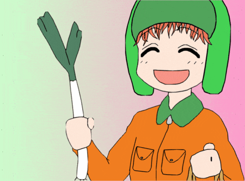 a cartoon drawing of a boy holding a green and white object