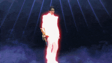 a man is standing in a dark room holding a sword and a crown