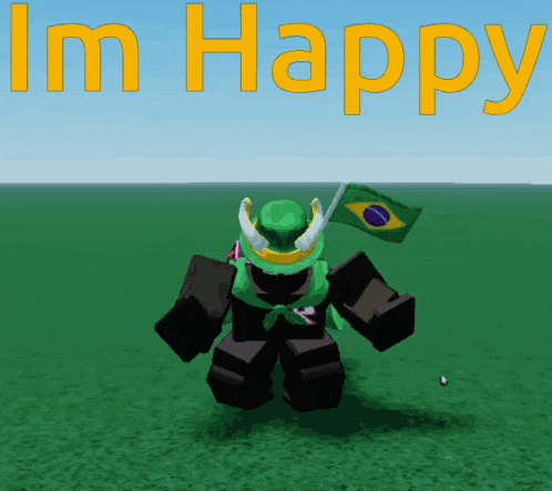 a green robot holding a brazilian flag with the words im happy behind him
