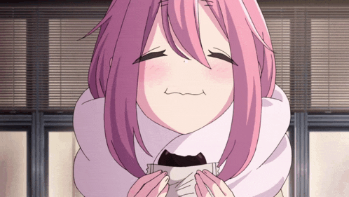 a girl with pink hair and a scarf around her neck