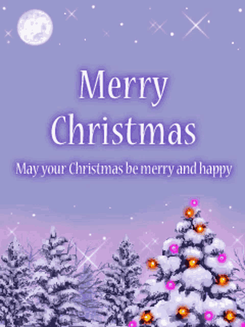 a merry christmas card with a snowy christmas tree