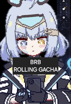 a pixel art drawing of a girl with the words brb rolling gacha