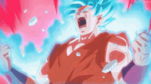 a cartoon character with blue hair is screaming in a red and blue background .