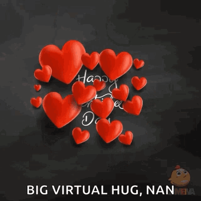 a black background with red hearts and the words happy valentine 's day big virtual hug nan
