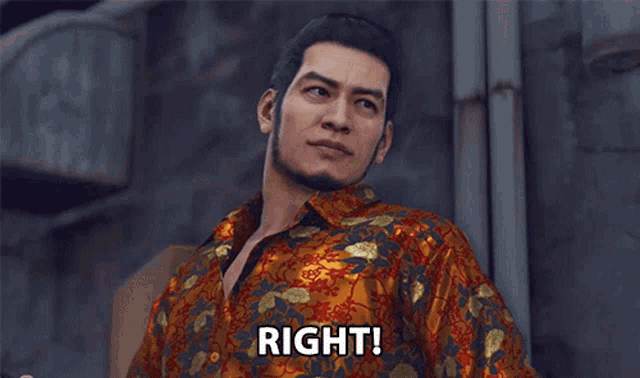 a man in a floral shirt says right