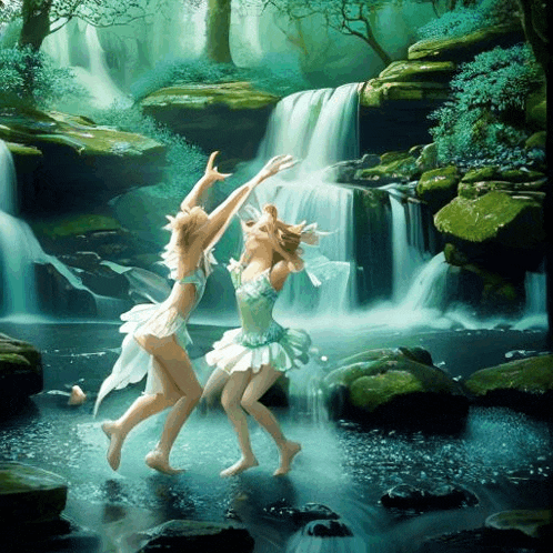 two fairies are dancing in front of a waterfall in a forest