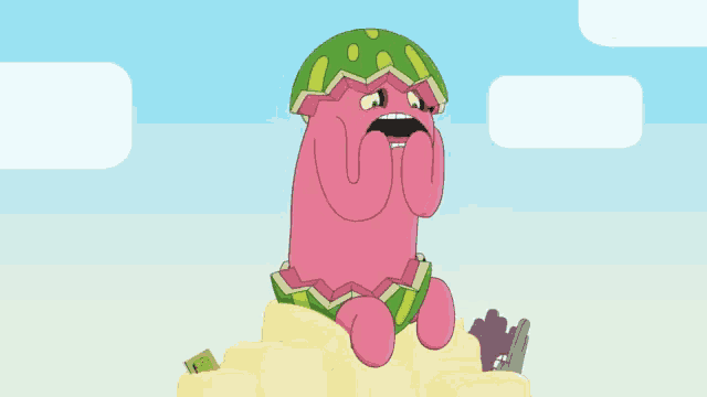a cartoon character is sitting on top of a pile of sand and crying .