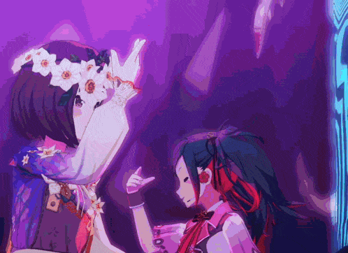 a girl with flowers on her head is dancing with another girl