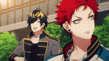 two anime characters are standing next to each other one has red hair and the other has black hair