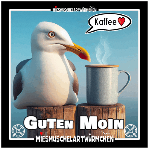 a seagull sitting next to a cup of coffee with the words guten moin written below it