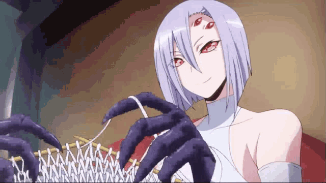 a white haired anime character with red eyes is holding a knitting needle