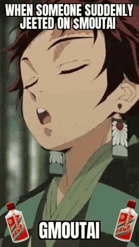 a cartoon of a man with a bottle of gmoutai in front of his face .