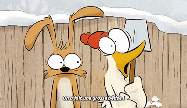 a cartoon of a chicken and a rabbit with the words on a fait une grosse beuse