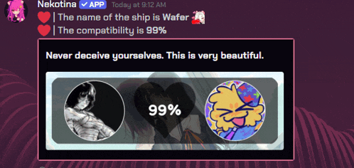 a screenshot of nekotina 's app that says the name of the ship is wafer and the compatibility is 99 %