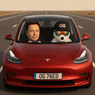elon musk is driving a red tesla with a license plate that says og 76ed on it