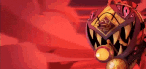 a close up of a cartoon character with a red background and big teeth .