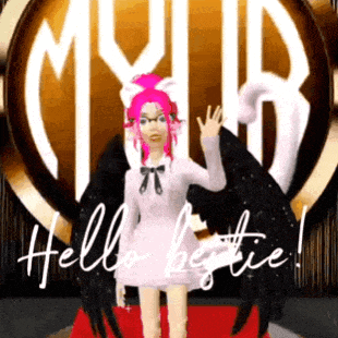 a girl with pink hair is standing on a red carpet with the words hello bestie