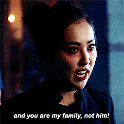 a woman in a black jacket says " and you are my family not him "