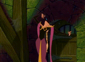 a cartoon character in a purple robe is holding a glowing object in her hand .
