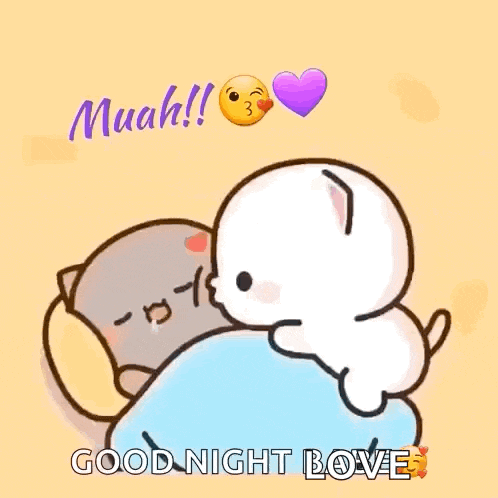 a couple of cartoon cats are hugging each other and saying good night .
