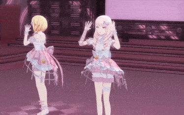 two anime girls are standing on a stage and waving