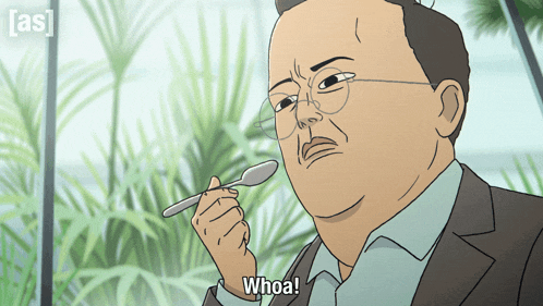 a cartoon of a man holding a spoon with whoa written on the bottom