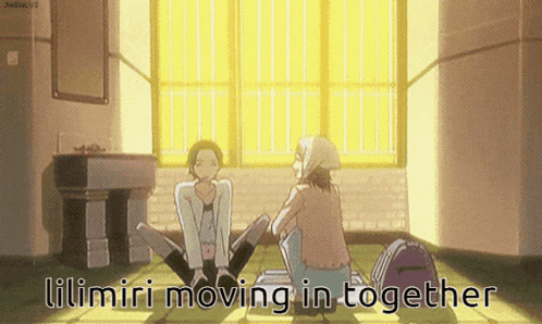 a couple of anime characters sitting on the floor with the words lilimiri moving in together below them