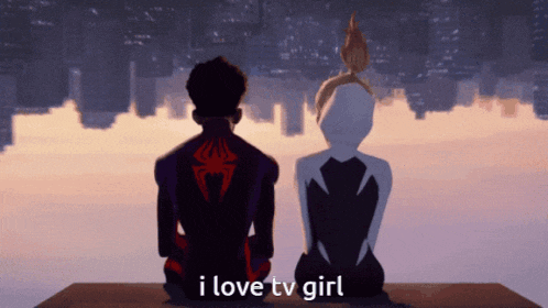 a cartoon of a man and a woman sitting next to each other with the words " i love tv girl " on the bottom