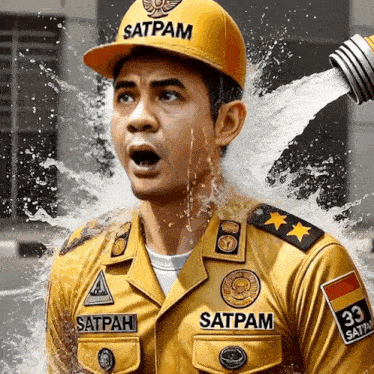 a man wearing a hat that says satpam is being sprayed with water