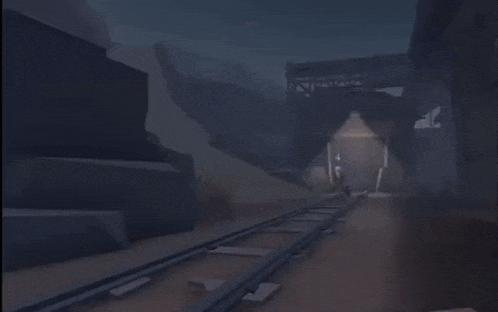 a cartoon character in a red coat is running on train tracks