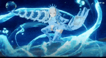 a girl with a crown on her head is surrounded by blue waves