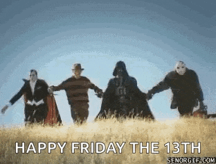 a group of people holding hands in a field with the words happy friday the 13th
