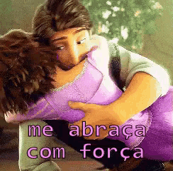 a cartoon of a man hugging a woman with the words me abraca com força