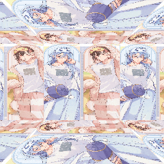a seamless pattern of images of a girl with blue hair and a white shirt
