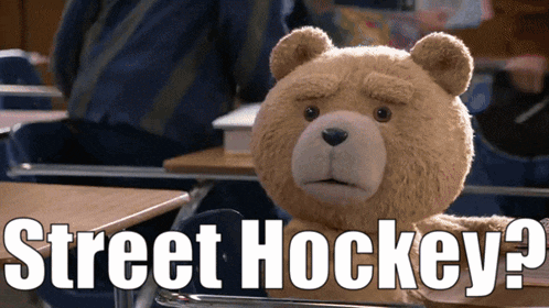 a teddy bear is sitting at a desk with the words street hockey written above it