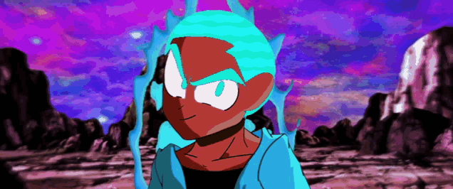 a cartoon character with blue hair is standing in front of a purple sky
